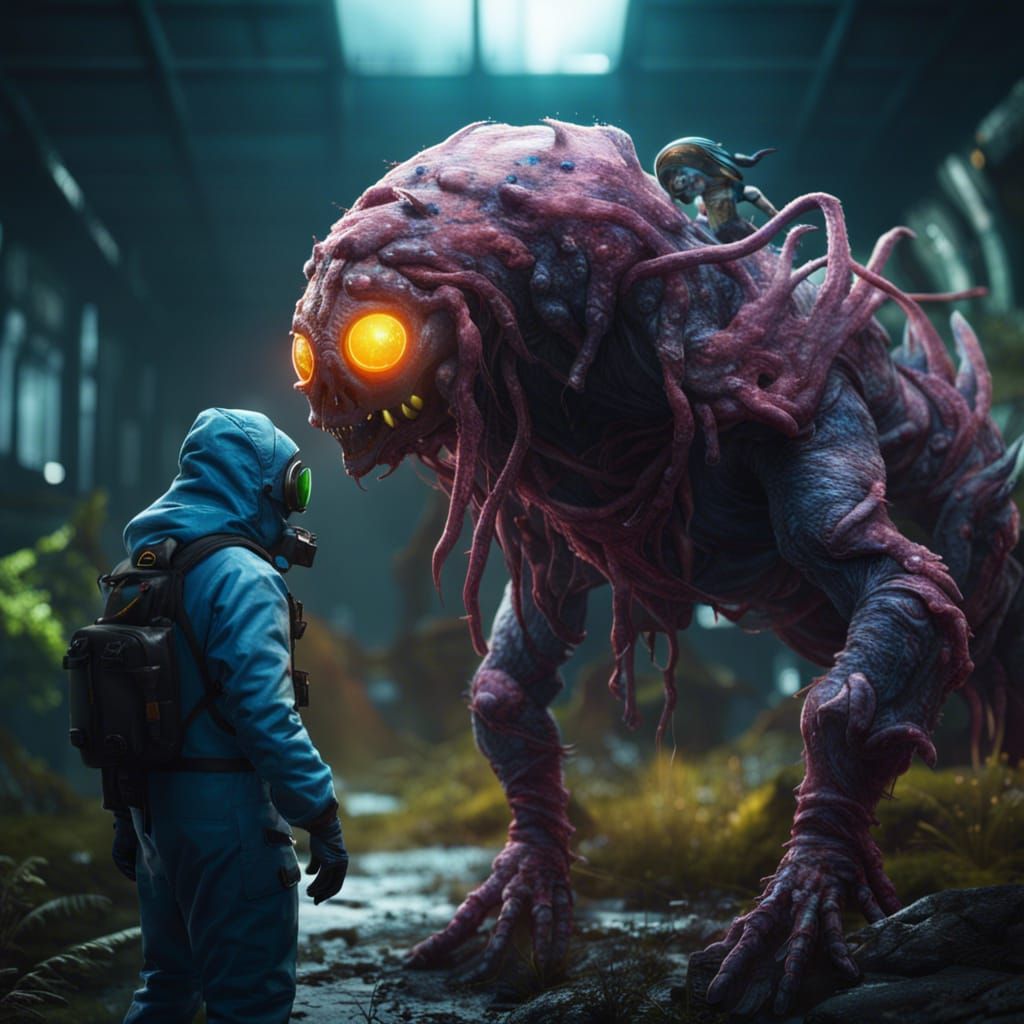 Hazmat Suit and Mutant Creature: Detailed Matte Painting