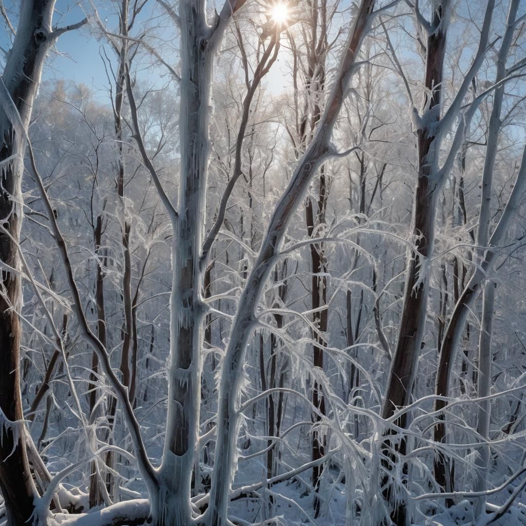 Sparkling Ice Crystals Cover Leafless Tree Limbs
