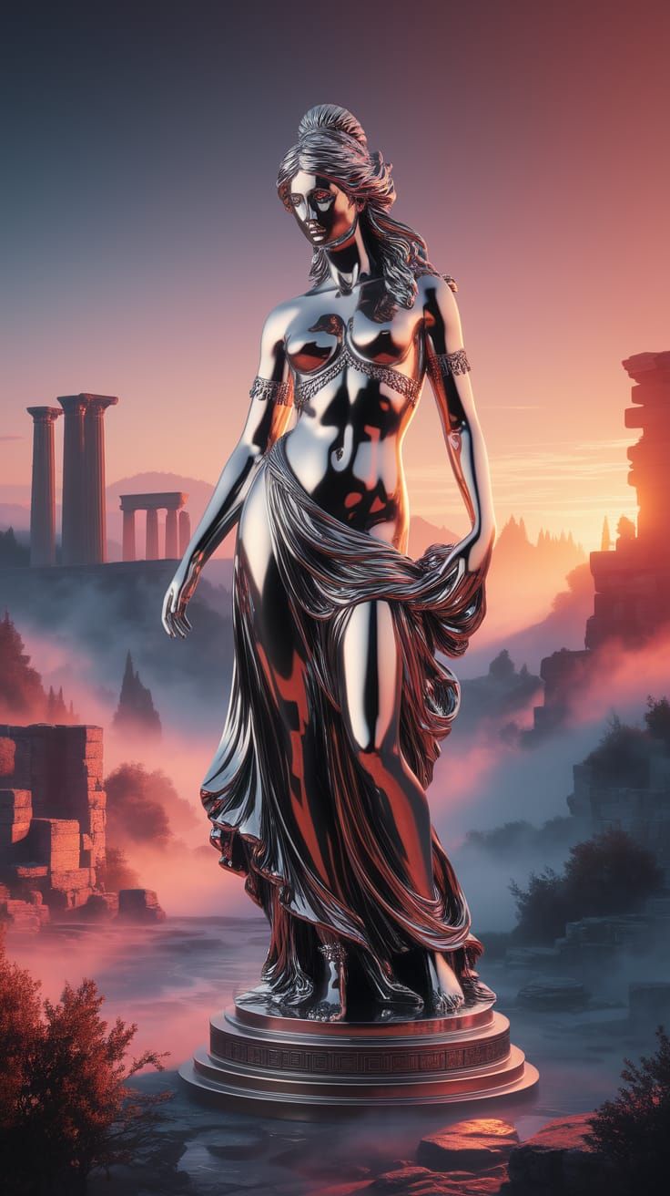 Chrome Aphrodite Statue in Ethereal Greek Landscape