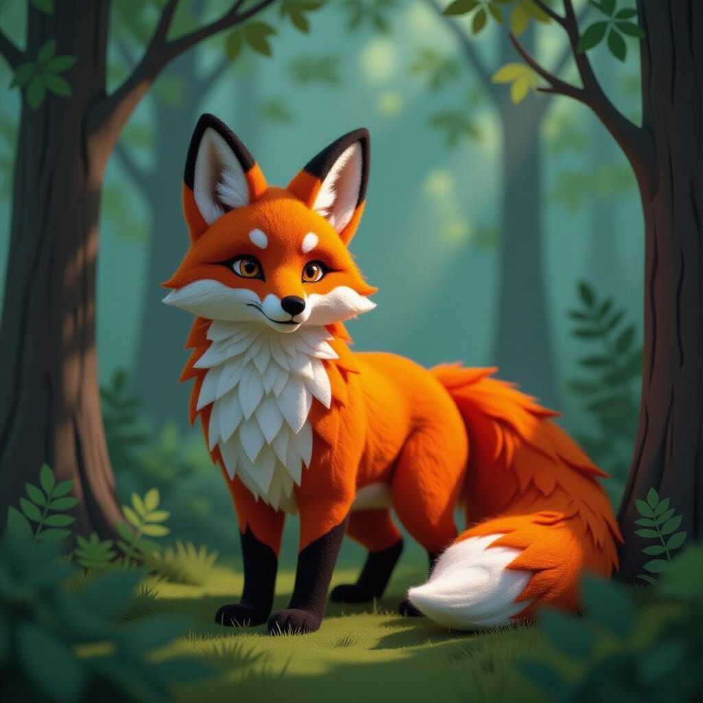 Felt Fox Guardian in Forest, Handcrafted Embroidery