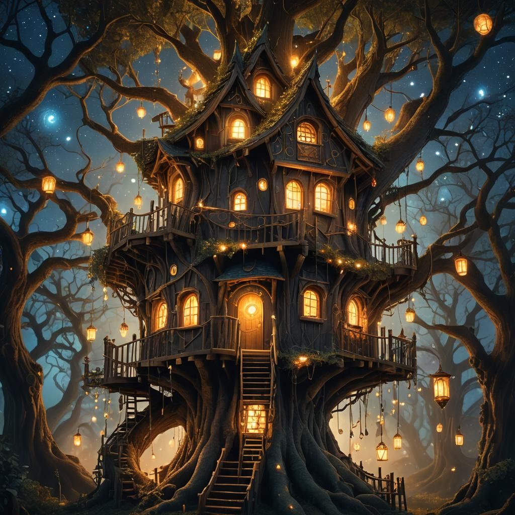 Mystical Treehouse Scene with Mage, Fantasy Illustration