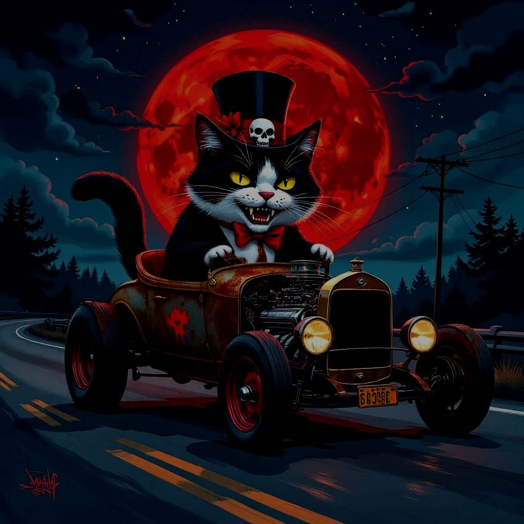 Vampire Cat Drives Hot Rod Under Red Moon