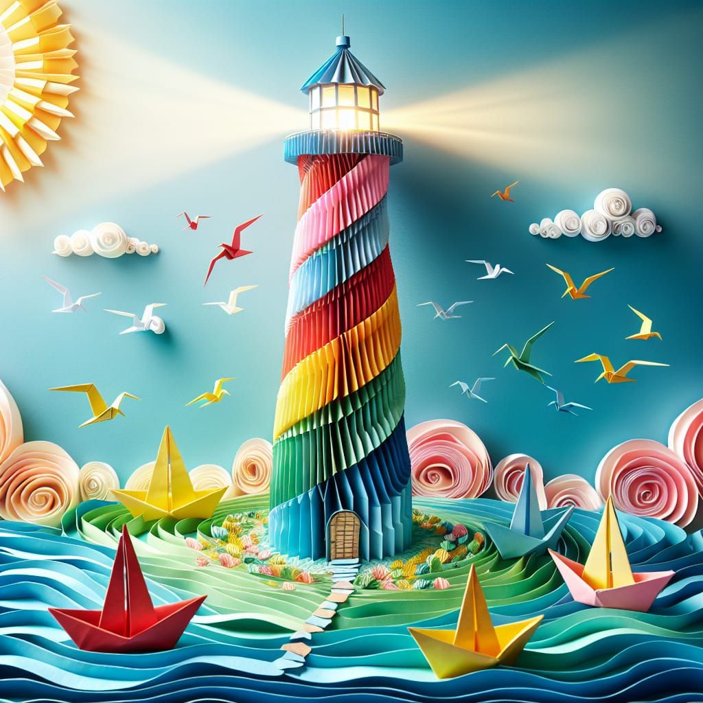 Vivid Paper Art Lighthouse with Origami Boats