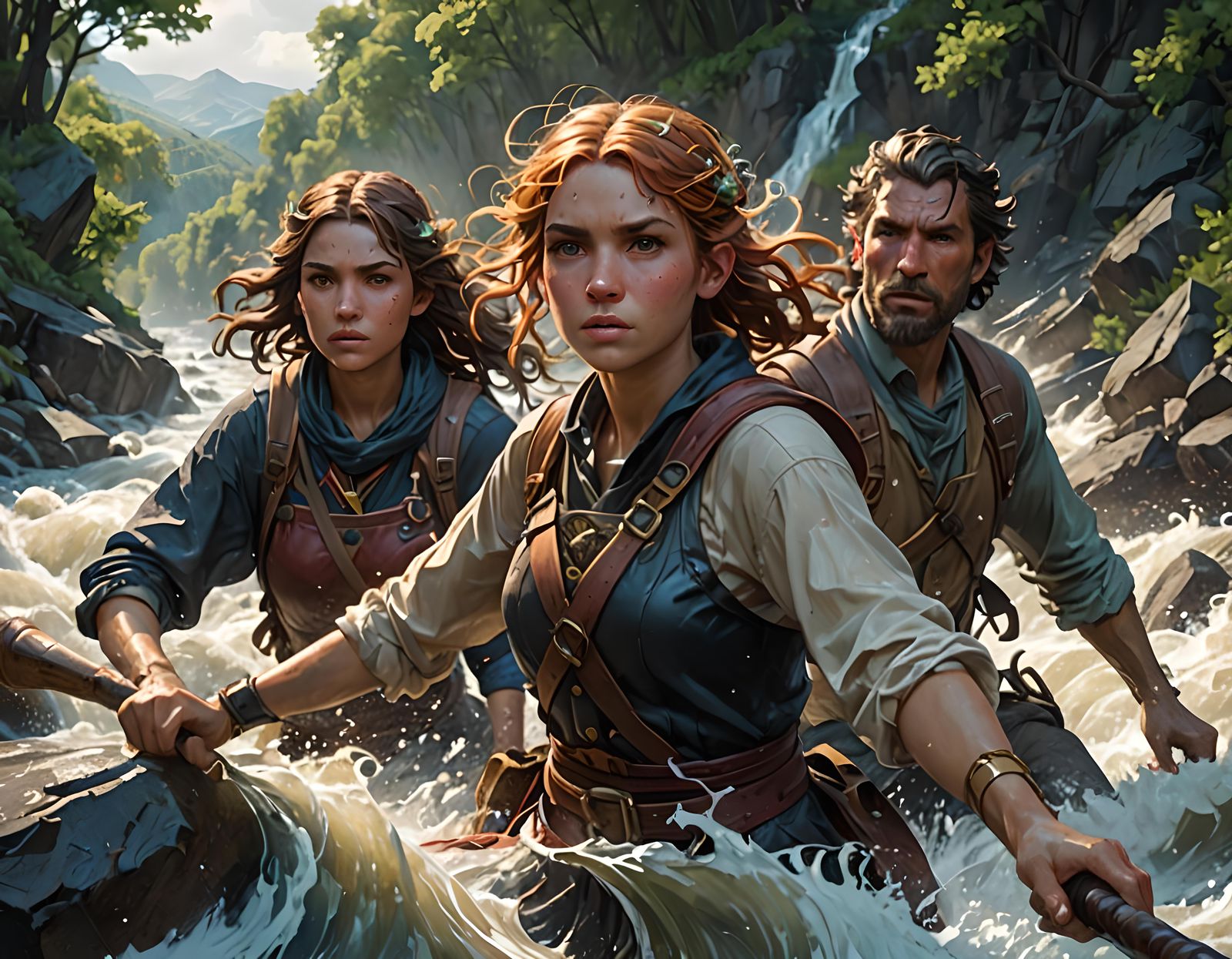 Brave Children in Raging River: Hyperdetailed Portrait
