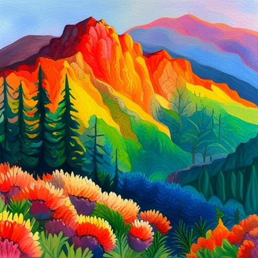 Rainbow Waratah Mountains in Gouache Style