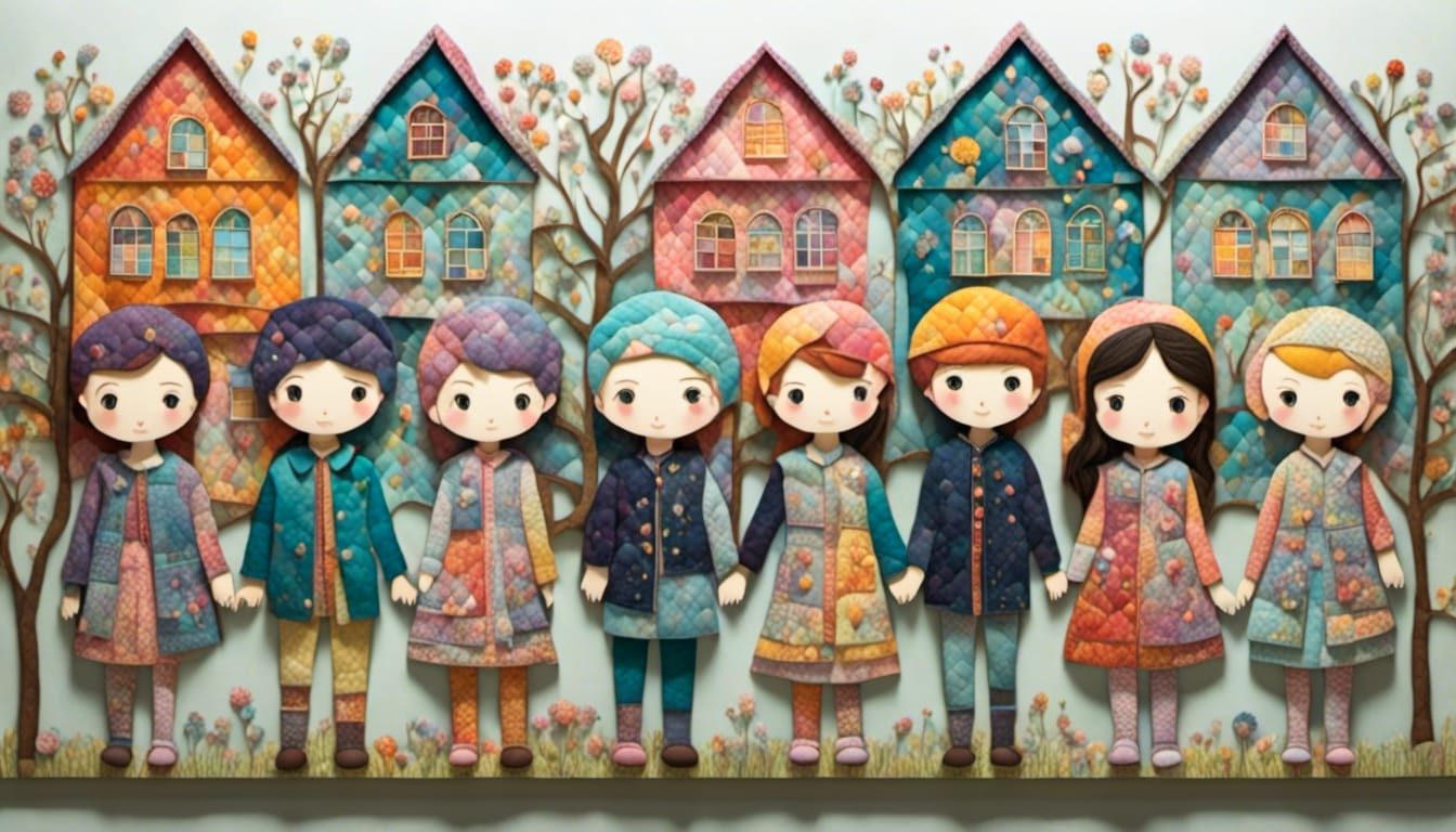 Whimsical Papercut Children in Quilted Village Street