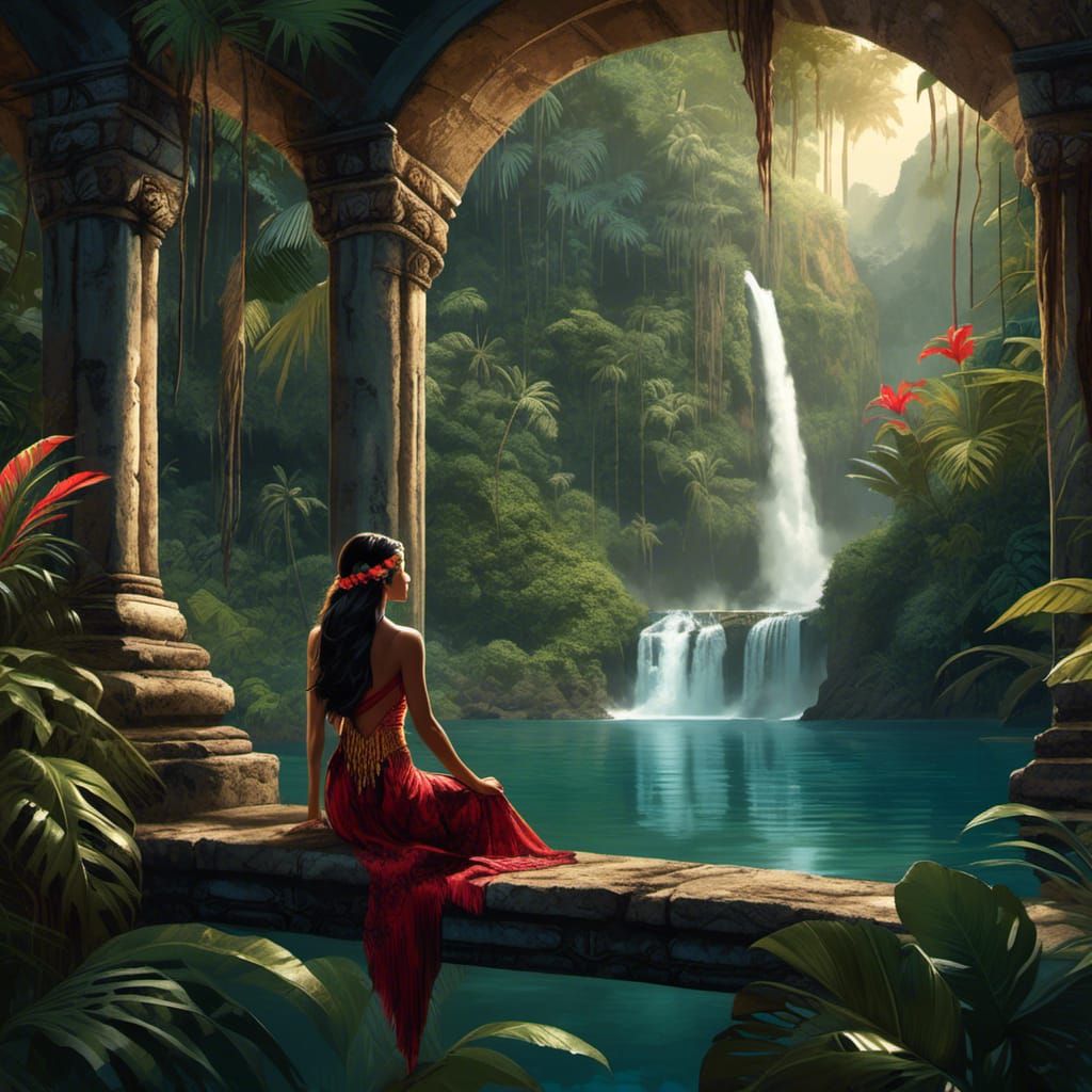 Brunette Silhouette at Jungle Waterfall: Matte Painting