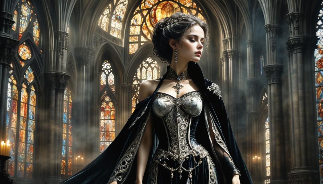 Gothic Baroque Woman in Cathedral, Luis Royo Style