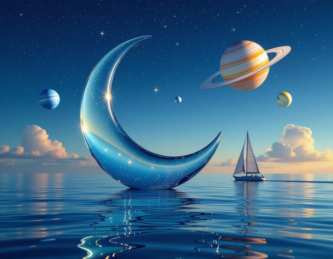 Glass Moon Sculpture Above Calm Sea