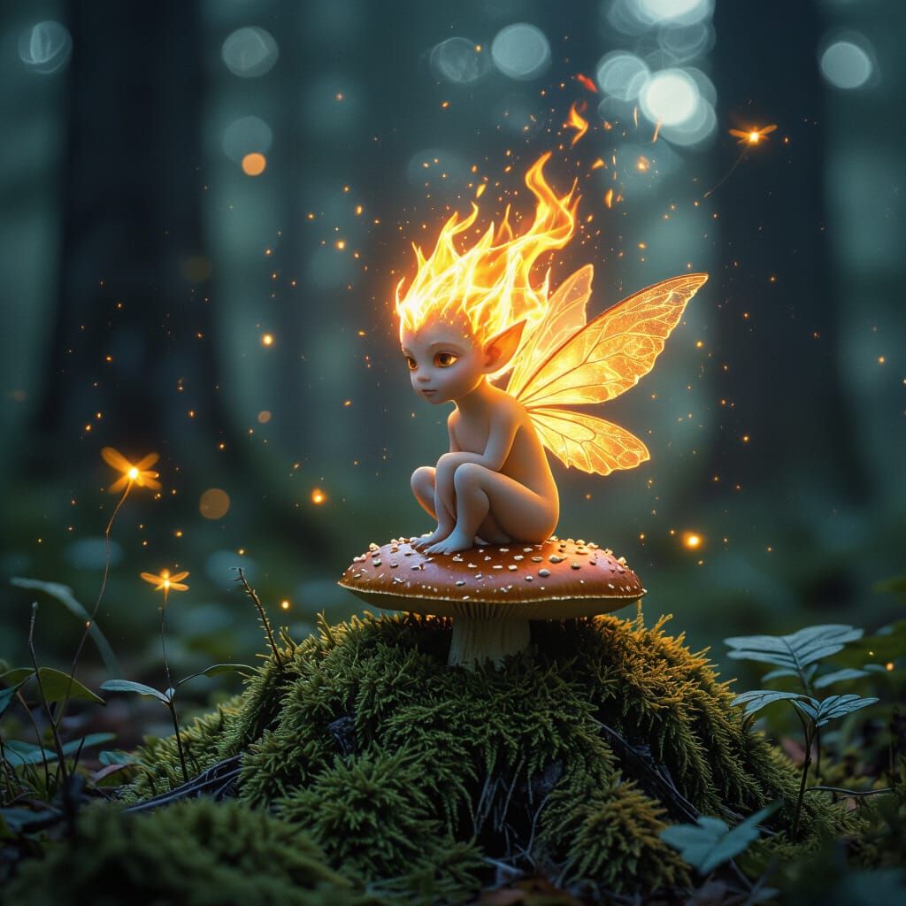 Ethereal Fire Sprite on Toadstool in Magical Forest