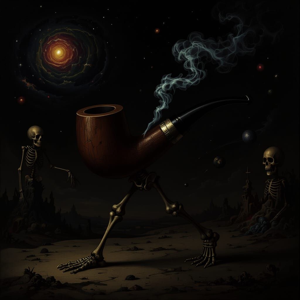 Smoking Pipe Walks on Skeletal Legs in Cosmic Surrealism