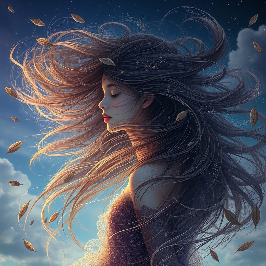 Ethereal Girl with Hair of Wind and Stardust