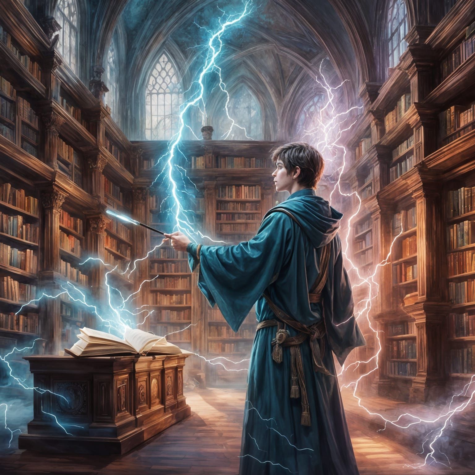 Wizard Casting Spell in Enchanted Forest Library