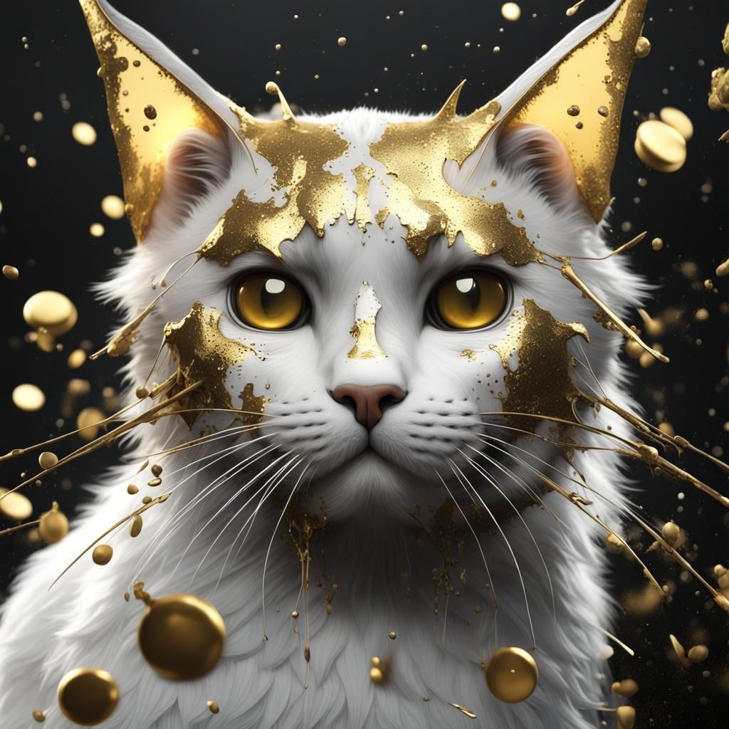 black, white, gold, cat, splatter paint, cute,