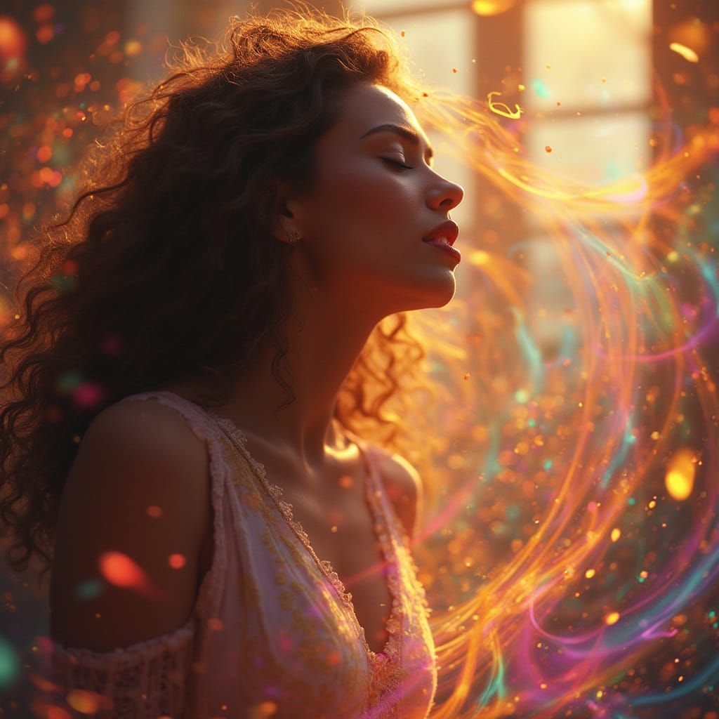 Woman Singing Music as Swirling Light Patterns