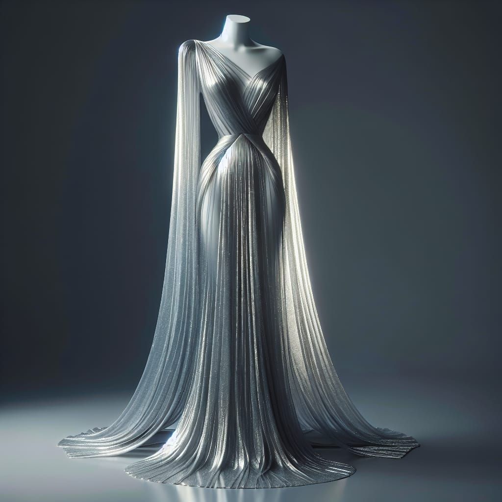 Elegant Silver Greek-Style Gown on Mannequin