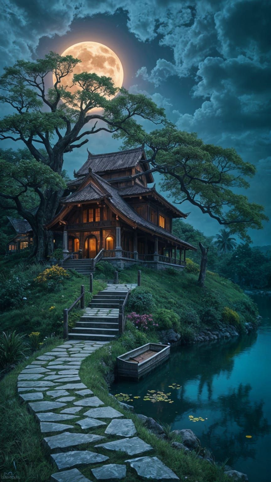 Traditional Batak Toba House in Moonlit Night