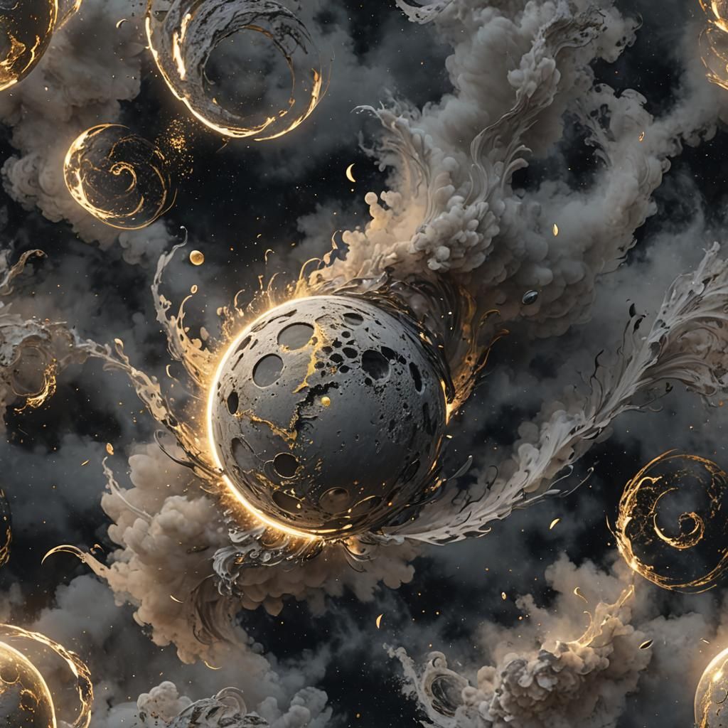 Lunar Portrait with Swirling Smoke and Golden Leaves