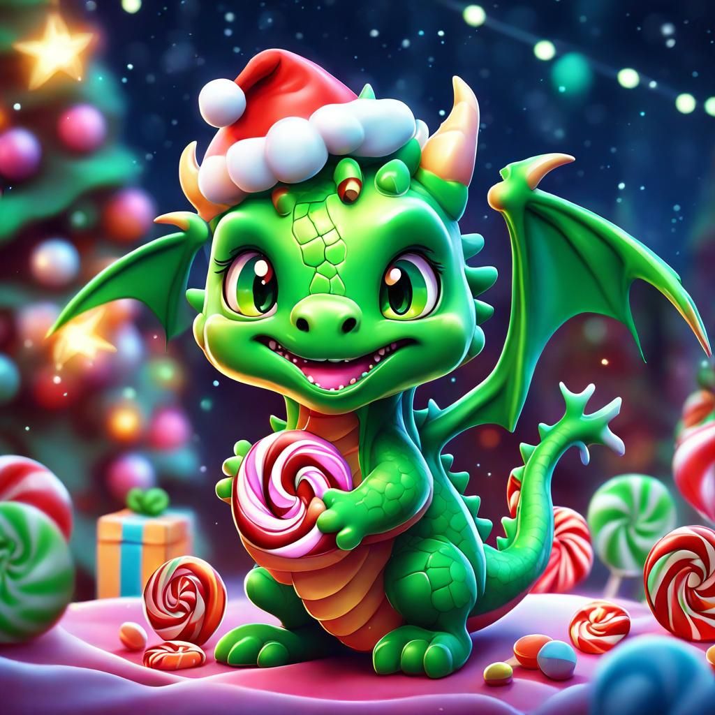 Green Chibi Dragon in Candy Art Christmas Night