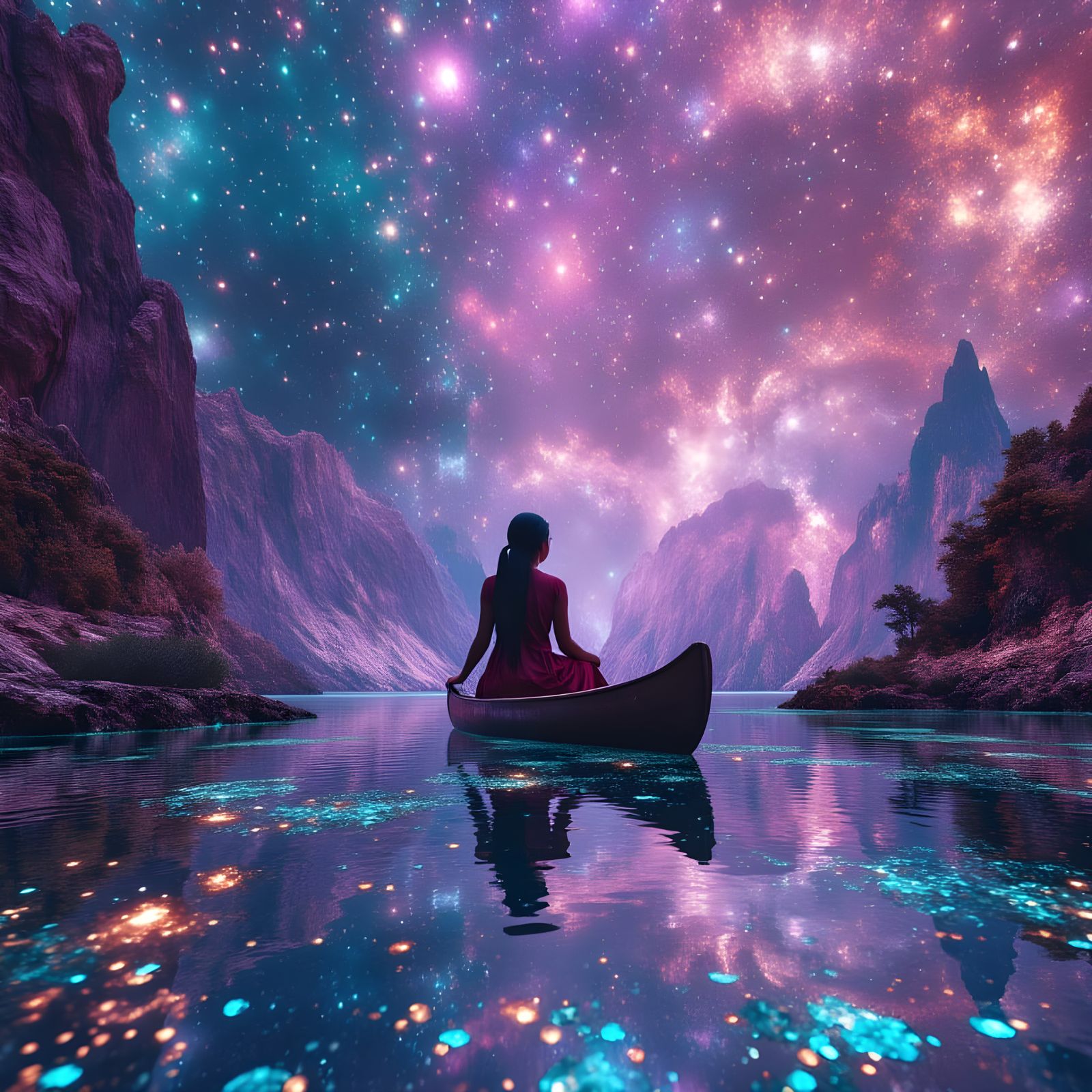 Ethereal Nebula Sky Over Crystal Landscape