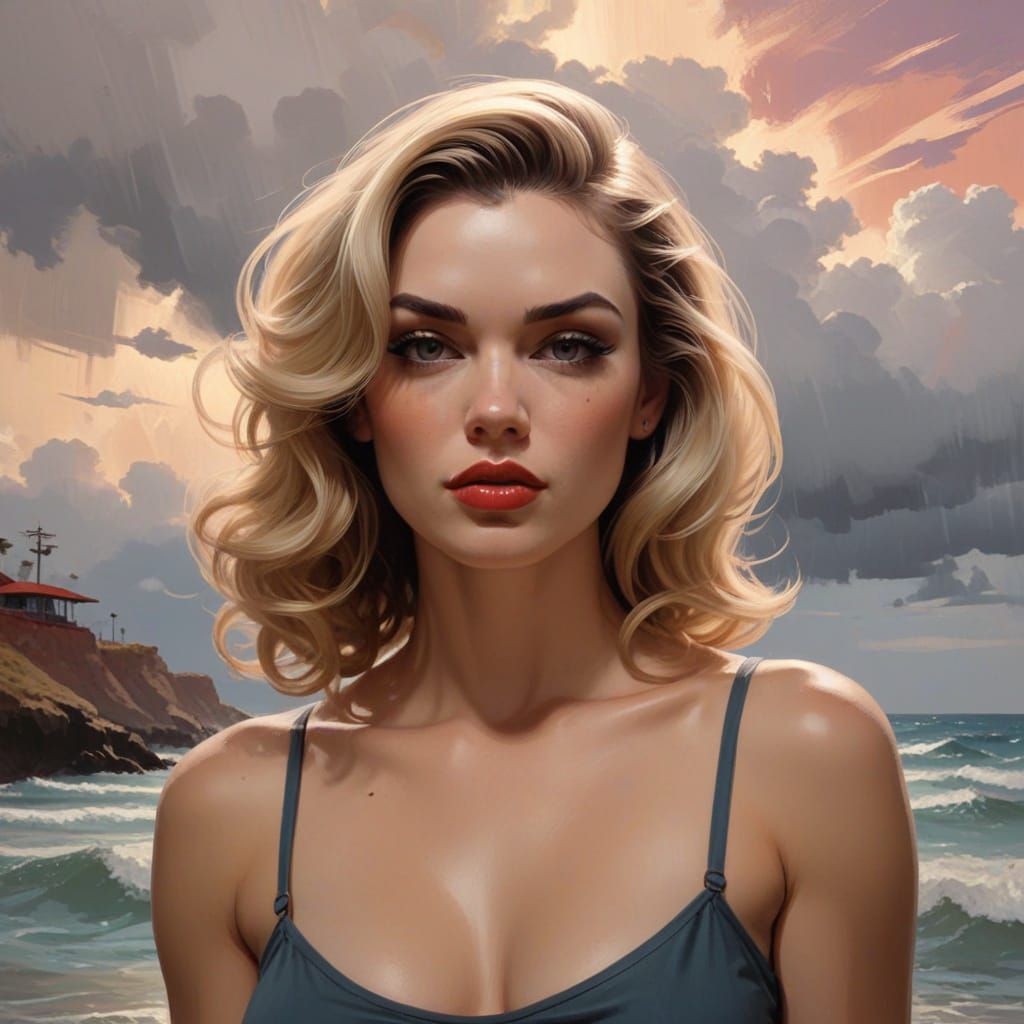 Busty Pinup Goddess in Oil Painted Background