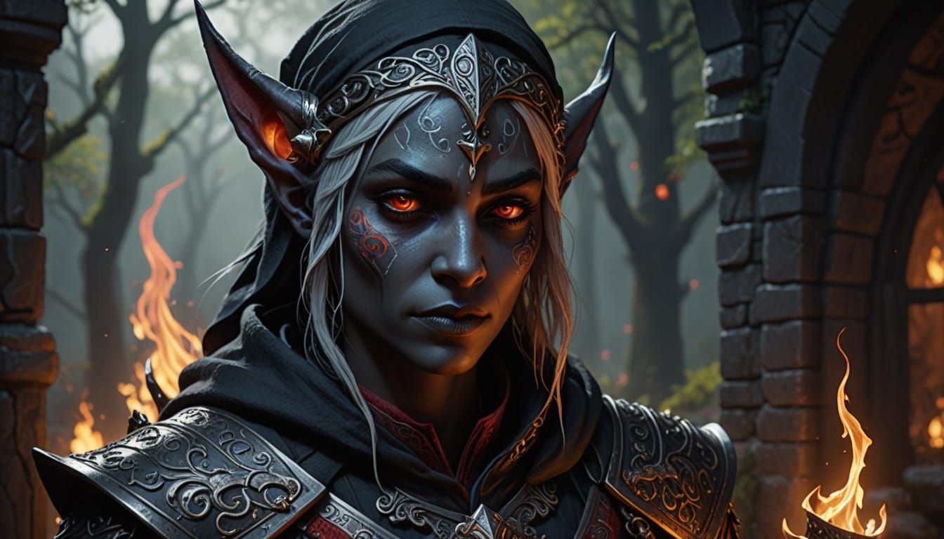 Female Drow Elf warrior, onyx skin, strong face, blazing eyes