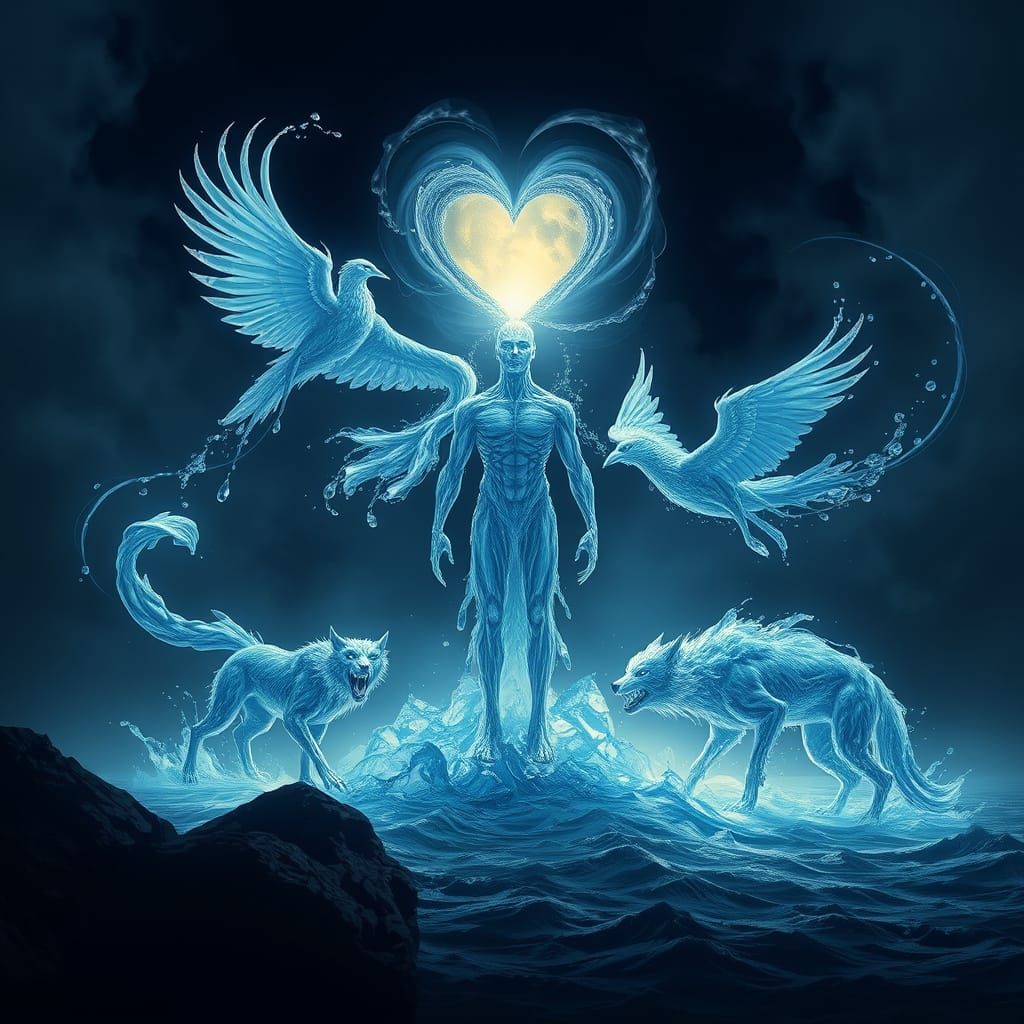 Surreal Water Forms Fantastical Creatures in a Dark, Dramati...