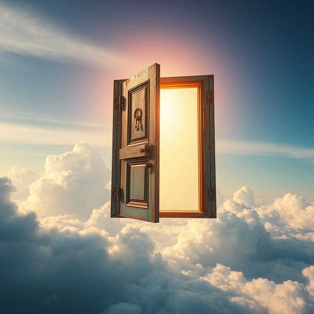 Floating Vintage Door to Golden Light in Sci-Fi Style