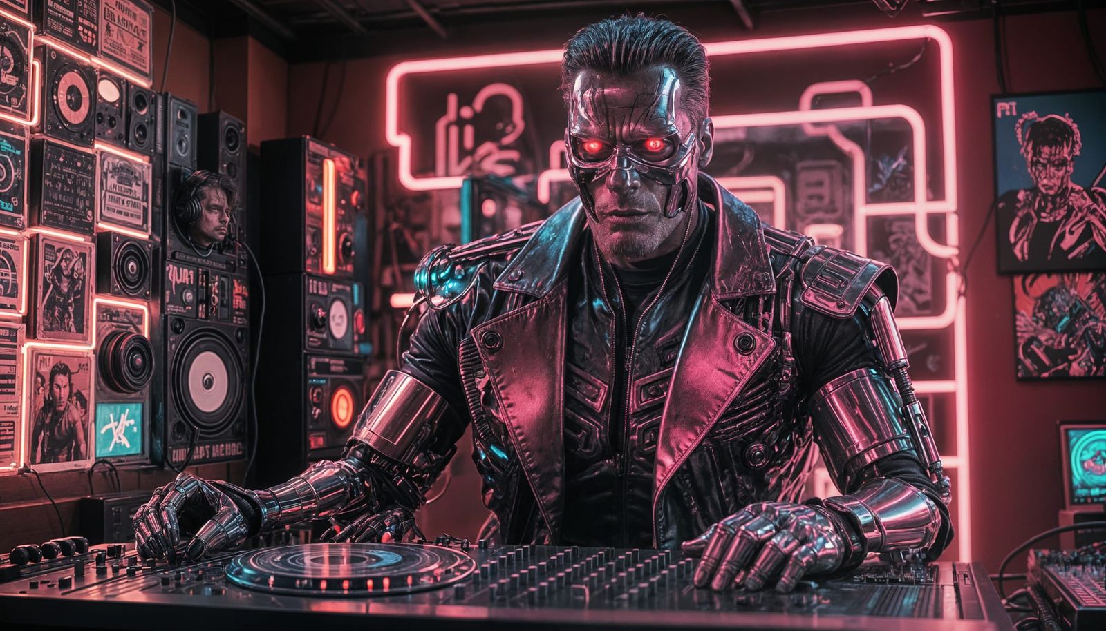 Terminator T-800 DJing in a Retro Neon Club