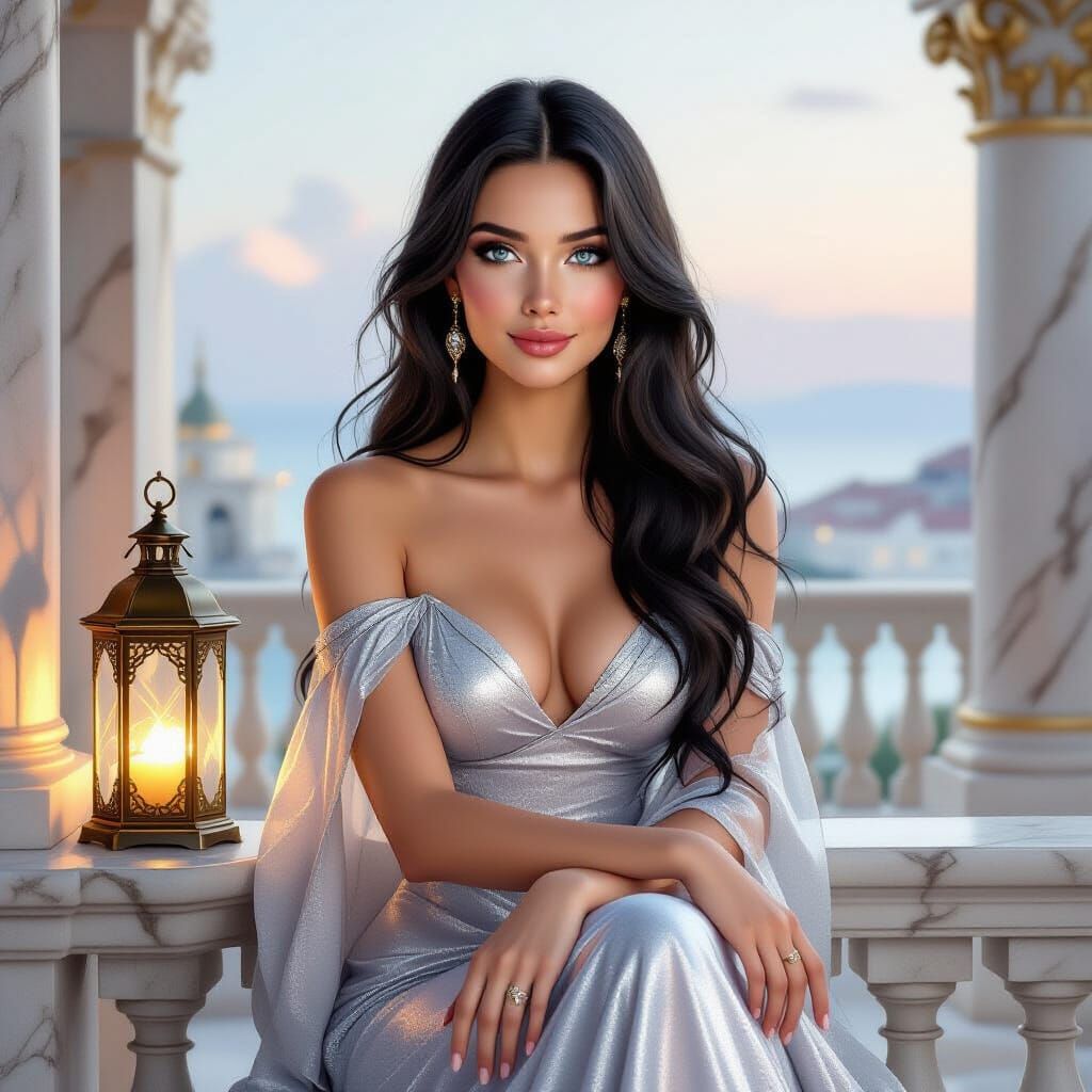 Norse Goddess on Balcony in Romantic Fantasy Style
