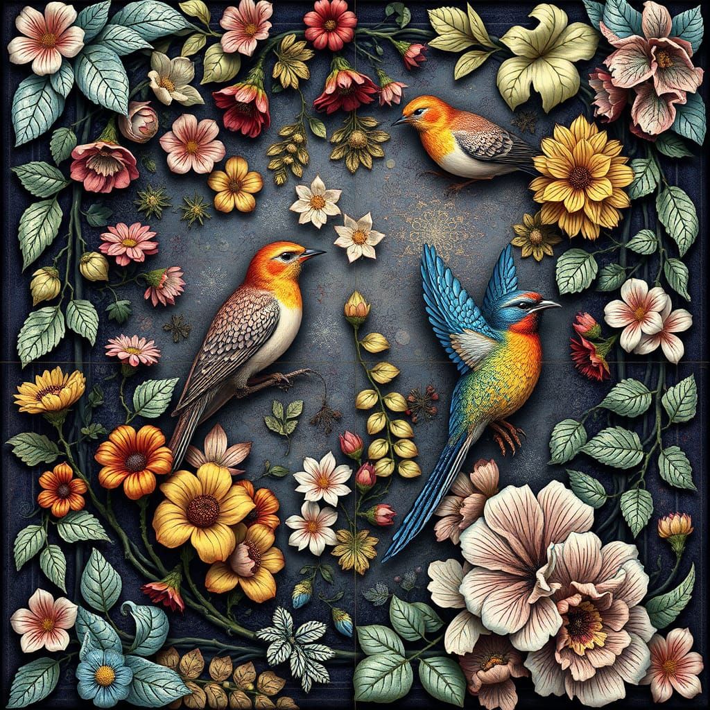 Intricate Patchwork with Birds and Flowers in Vivid Colors