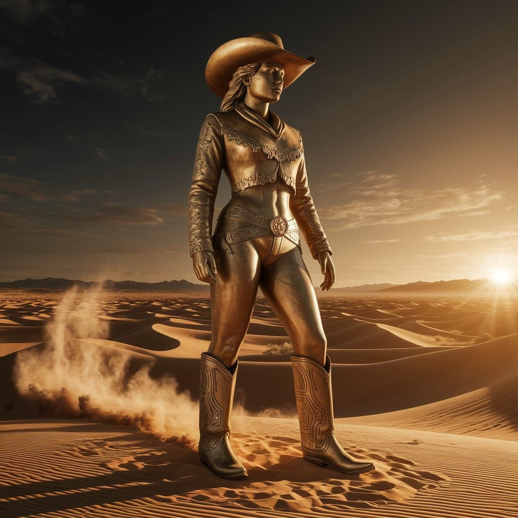 Ancient Cowgirl Statue in Desert Landscape