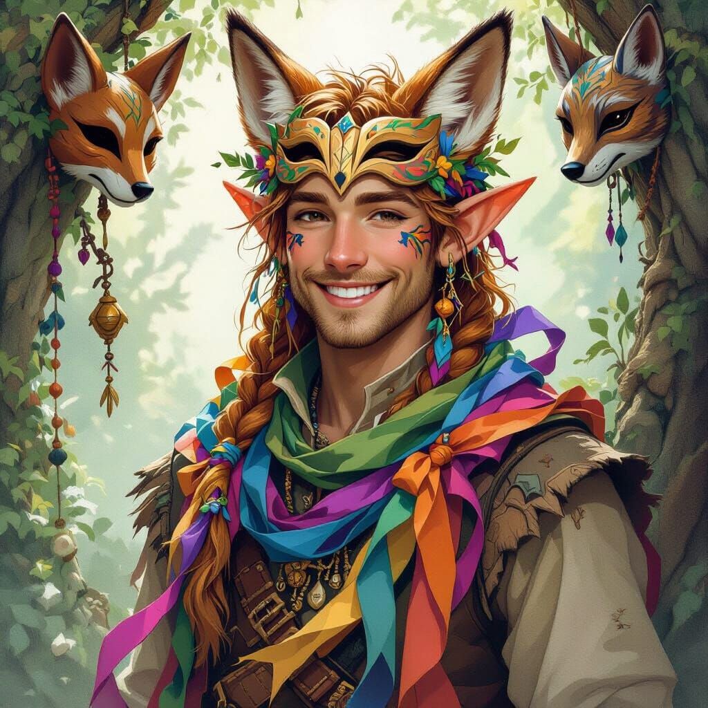 Smiling Elf with Masks in Whimsical Illustration