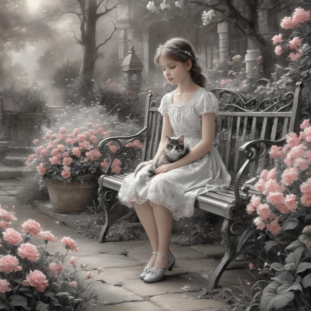 Girl with Cat in Garden, Vintage Charcoal Art