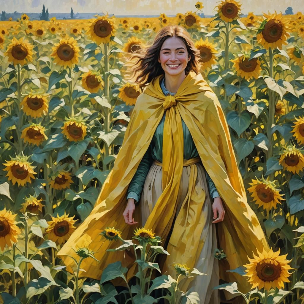 Woman in Yellow Cloak, Impressionist Sunflower Field
