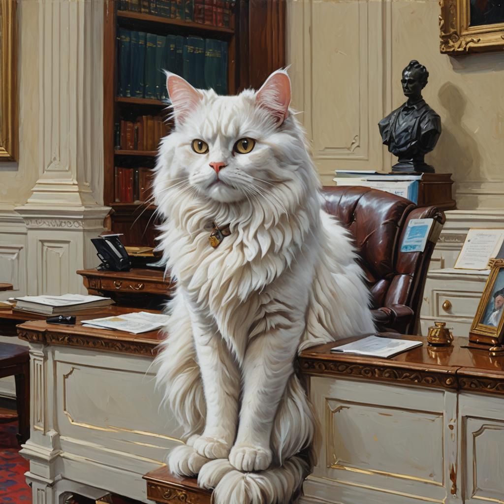 White Cat on Desk in Oil Painting Style