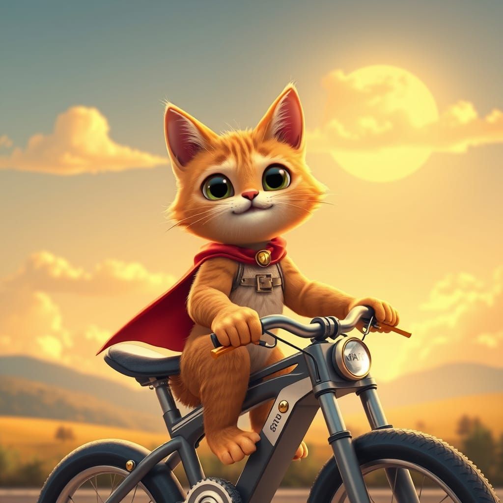 Cute Orange Tabby Cat Riding Bike into Golden Sunset