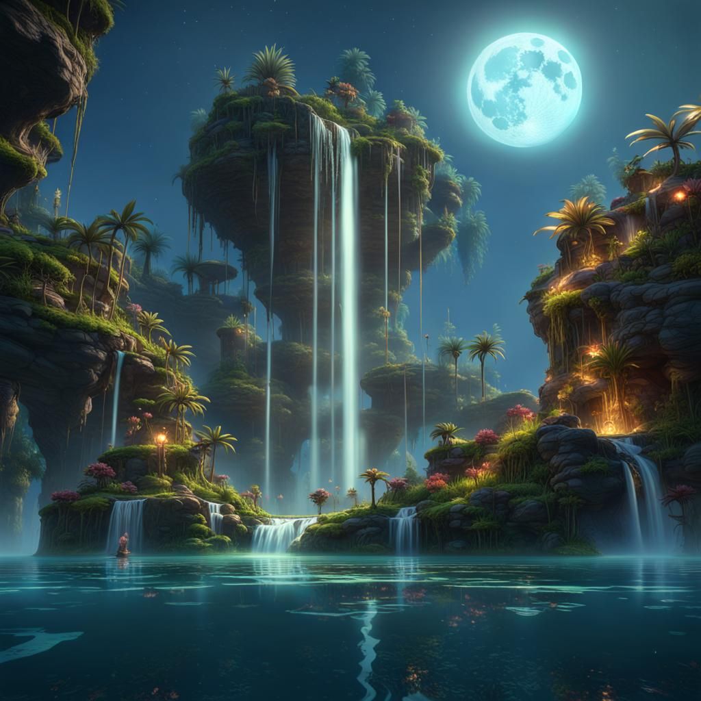 Floating Island Oasis with Bioluminescent Water