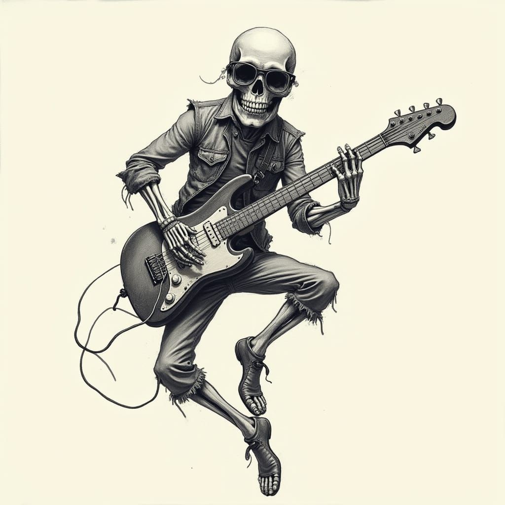 Whimsical Skeleton with Guitar in Mid-Air