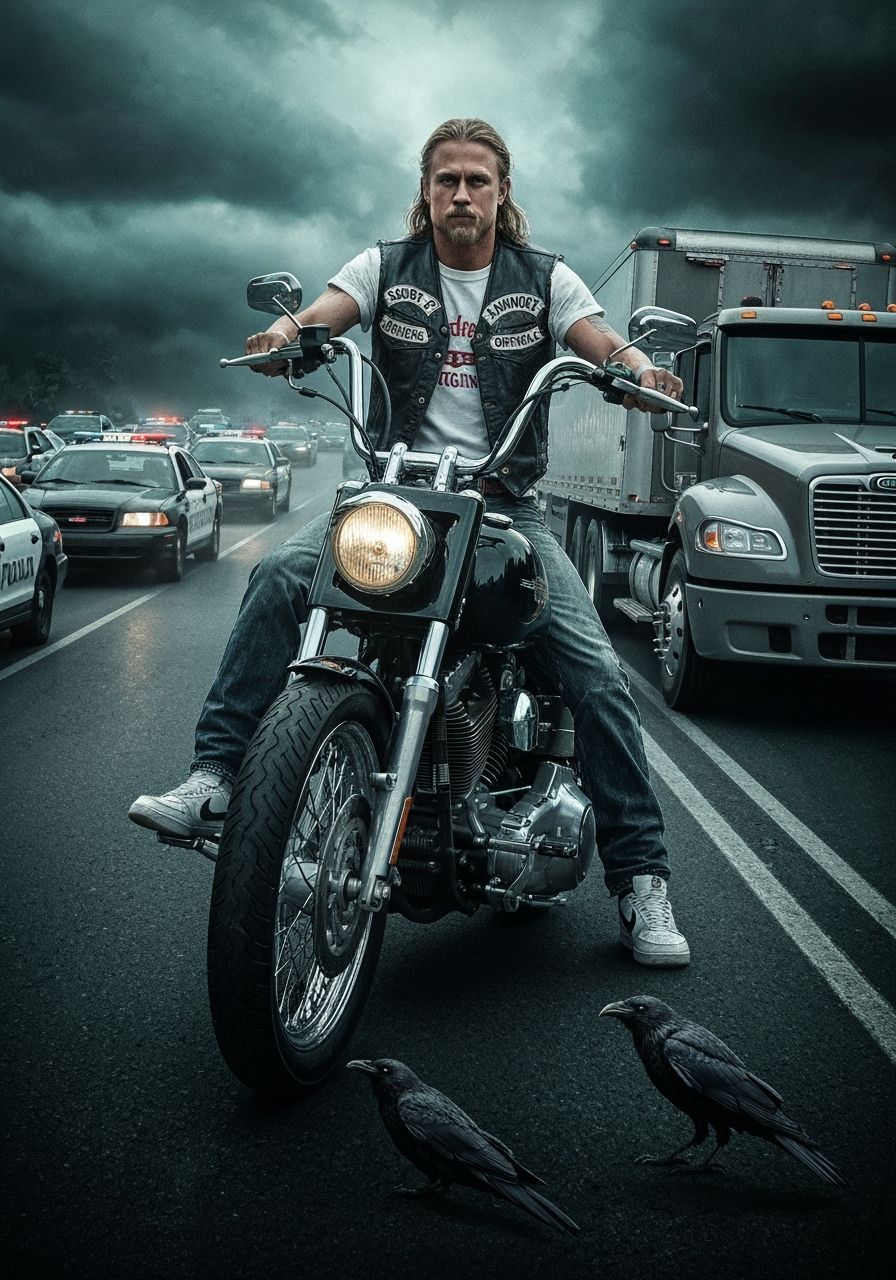 Ominous Biker Chase Scene in Dark Fantasy Style