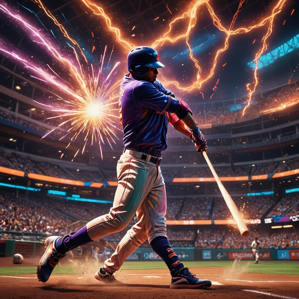 Baseball Player Hitting Glowing Ball in Fantasy Stadium