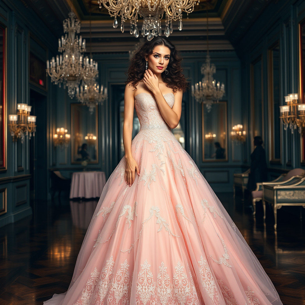 Elegant Woman in Pink Gown in Art Nouveau Style