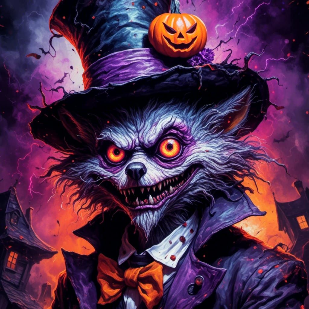 Surreal Halloween Werewolf Hatter Oil Painting