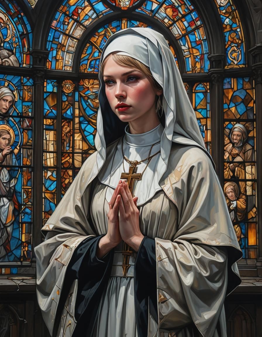 Young Nun Praying in Abandoned Church