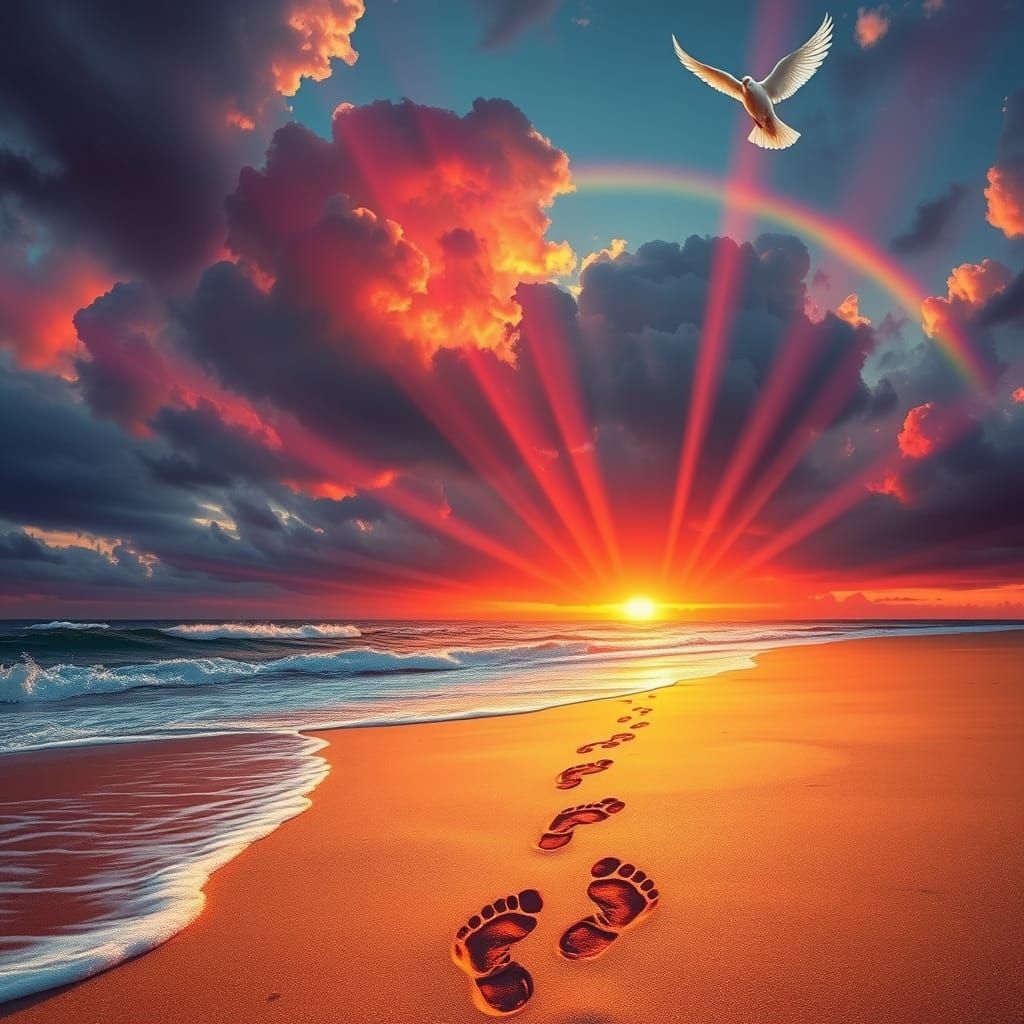 Dramatic Sunset Beach with Rainbow and Dove