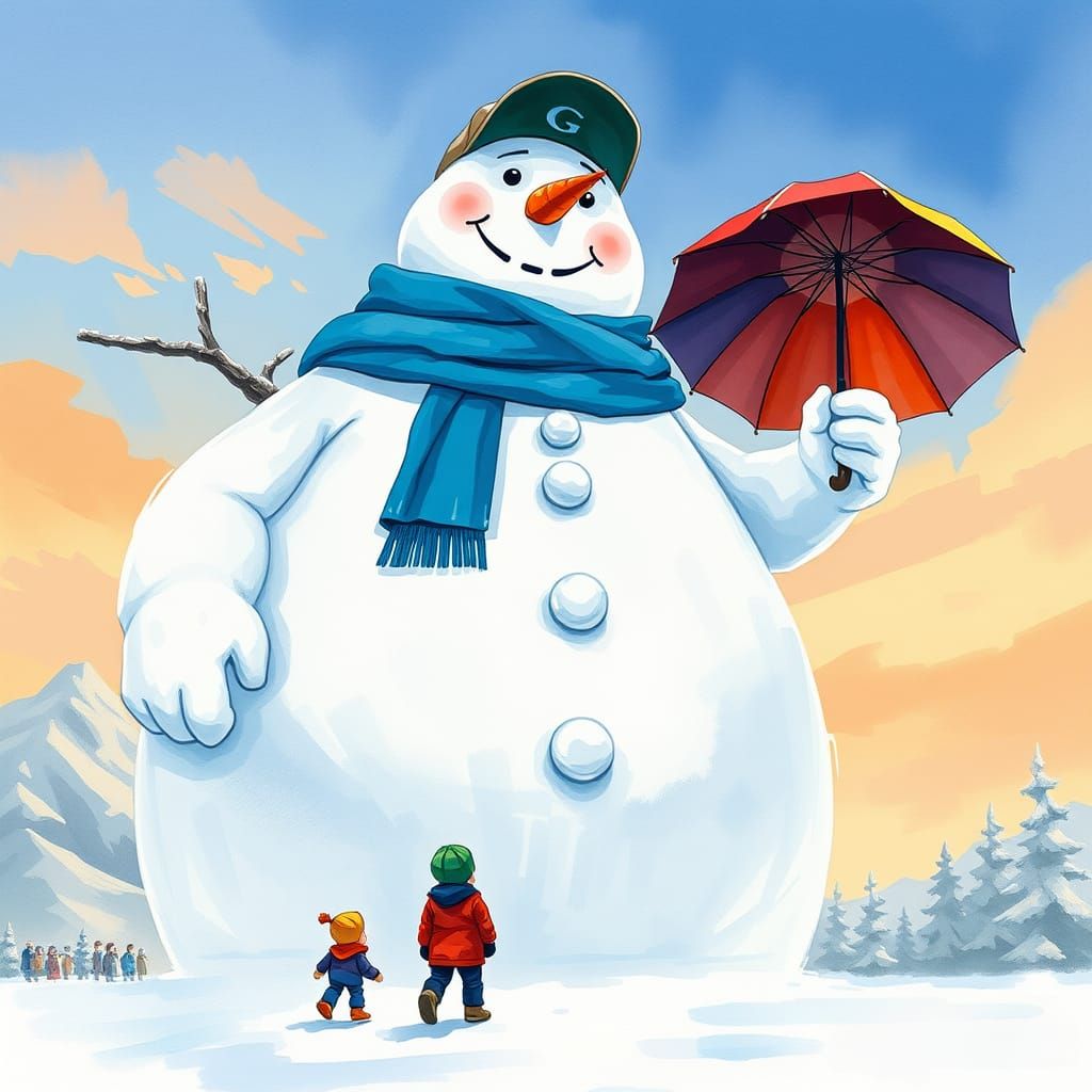 Vibrant Watercolor Snowman Art with Whimsical Anime Style