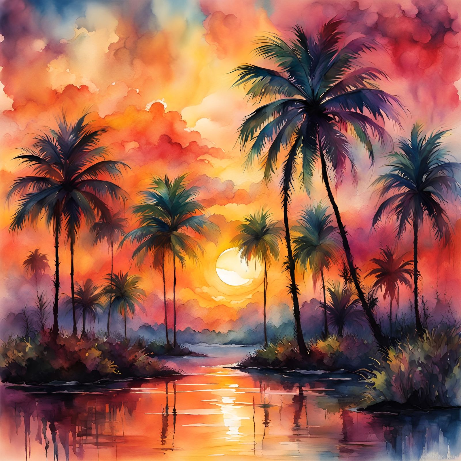 Palm Trees at Sunrise: Watercolor Ink Illustration