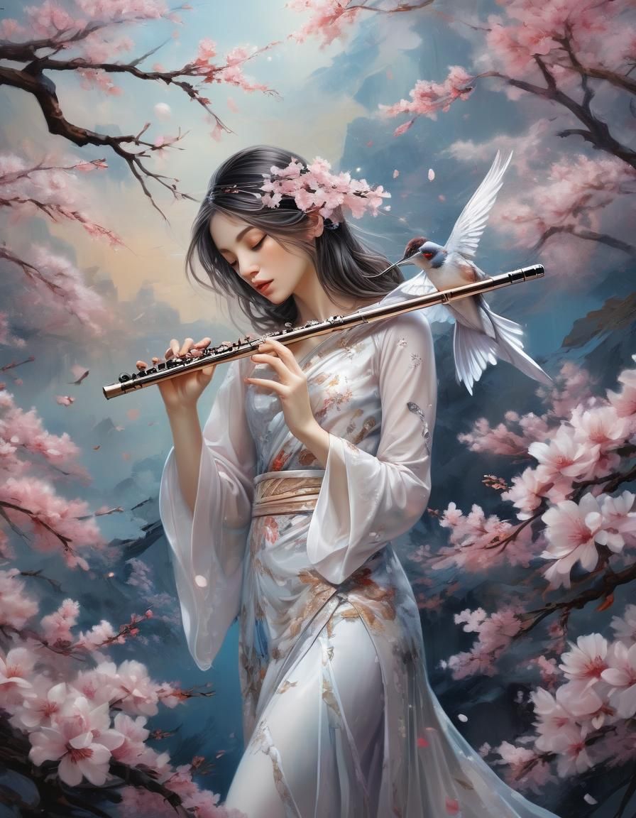 Girl with Flute, Cherry Blossoms, Diamond Painting Style