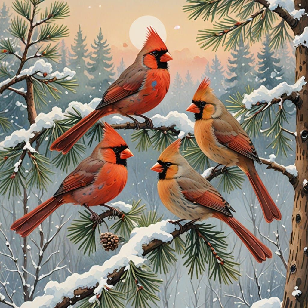 Whimsical Winter Birds in Snowy Pine Landscape
