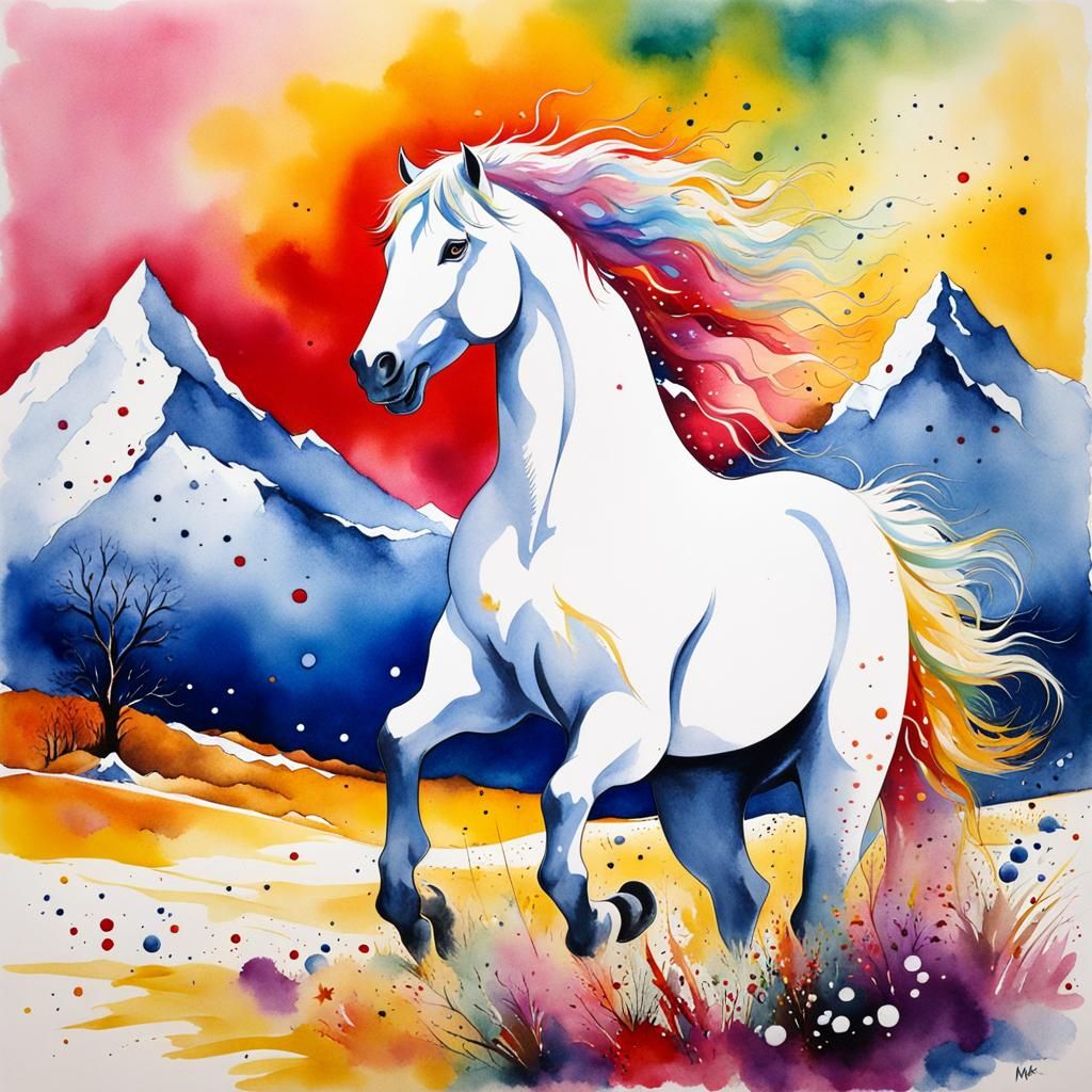 White Stallion Reflects, Watercolor Splash Art